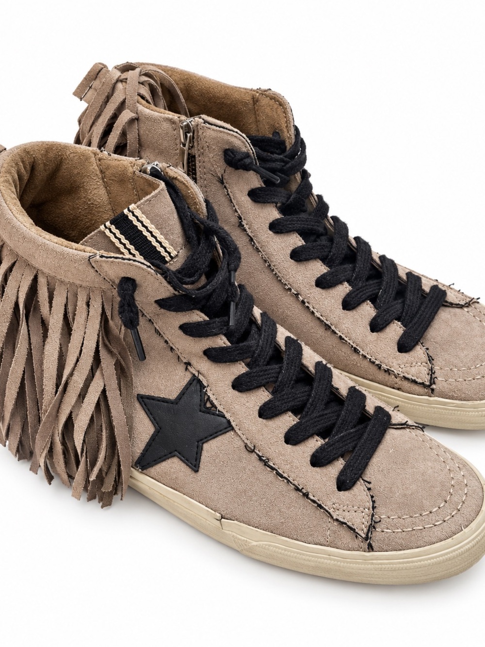 ShuShop Taupe Suede Fringe High-Top Sneakers with Black Star